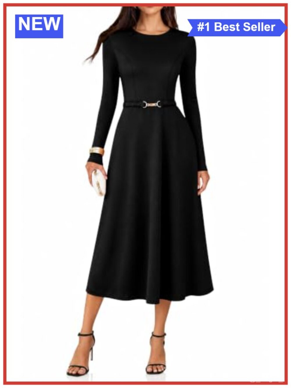 Women's Long Sleeve Midi Dress with Pockets A-Line High Waist